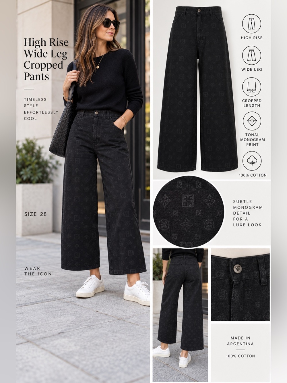 Black Monogram High Rise Wide Leg Cropped Pants Jeans Size 28 streetwear y2k